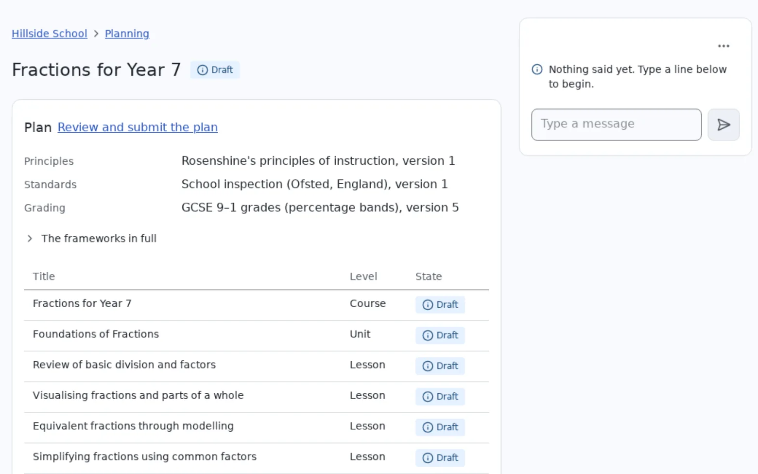 Screenshot: Course tree filling: Fractions for Year 7